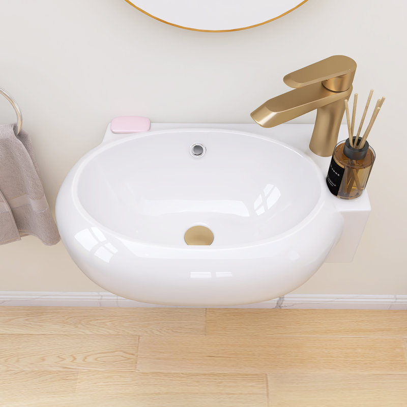 Petit lavabo de salle de bain mural en céramique l 16,94 po x P 11,25 po avec lavabo vasque flottant blanc pour véhicule récréatif avec trou pour robinet droit