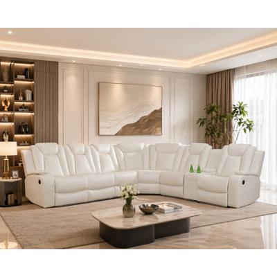 White Breathable Faux Leather 3-Piece Power Reclining Sectional Sofa with Corner Wedge, Storage Console, Cup Holders, USB Charging, and LED Lighting