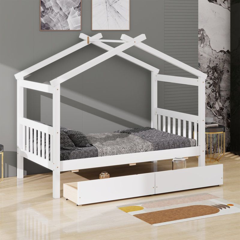 Wooden House Bed With Drawers, White, Twin