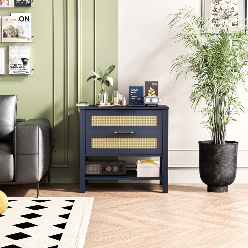 Rattan Nightstand with Two Smooth-Gliding Drawers and Open Storage Shelf for Compact Bedrooms and Boho-Inspired Spaces.