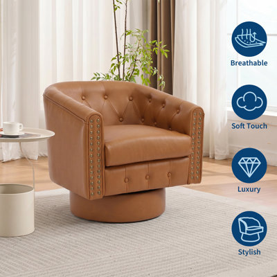 Fauteuil pivotant à 360°, fauteuil club capitonné en similicuir PU avec garniture cloutée, fauteuil rond pivotant vert et orange, capacité de 136 kg (300 lb) pour salon, chambre et coin lecture