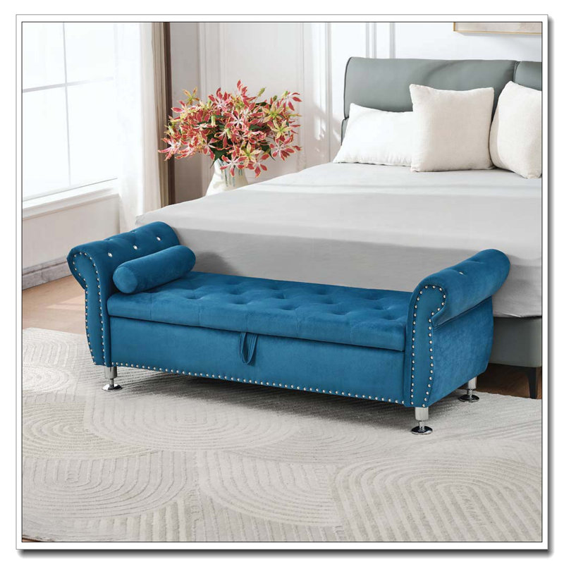 62.2 Inch Soft Velvet Storage Bench, Blue