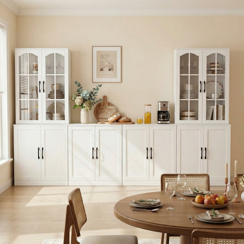 94.4" Wide Modular Kitchen Pantry Cabinet with Arched Glass Doors and Large Storage Credenza