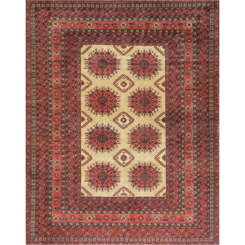 Tapis rouge / beige / brun en laine noué à la main de conception unique 6 pi 10 po x 9 pi