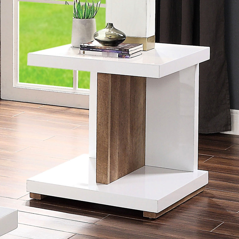 Contemporary Solid Wood End Table, High Gloss Two - Tone, Open Shelves, 22X22x23.56 Inches Modern Tone Design, Gloss, Replicated Base