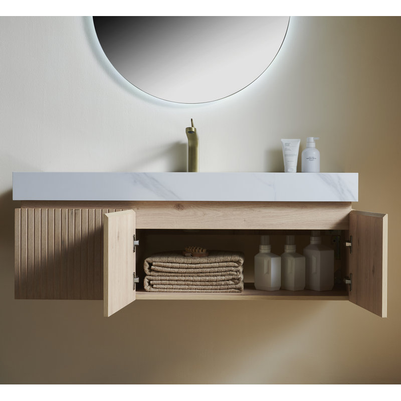 Meuble-lavabo simple en contreplaqué et en bois massif, Blanc de Carrare, Chêne blanc, 48"