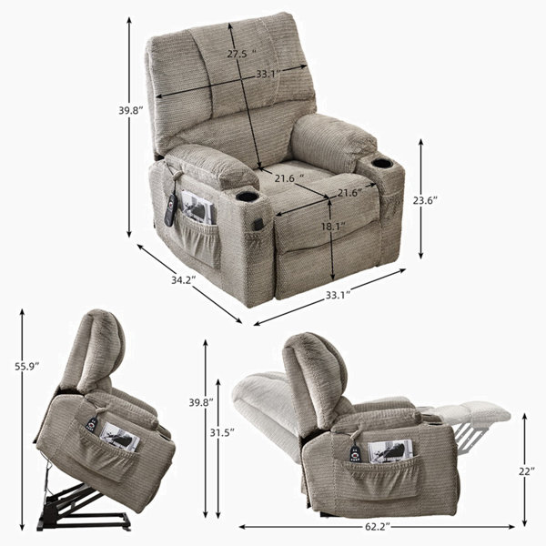 Daqwane 35.5W Dual Electric Power Lift Recliner Chair, Massage & Heat for Elderly, Lie Flat 180 Degrees Hokku Designs Upholstery Color: Beige