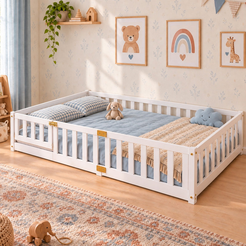 Floor Bed For Kids-Montessori Bed Frame, Wood Toddler Floor Beds, Full, White