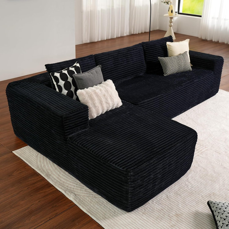 104" Cloud Sectional Couch With L-Shape Chaise, Black Corduroy