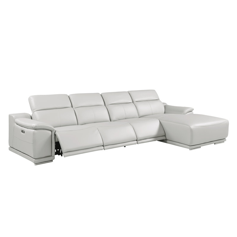Canapé modulaire en L en cuir véritable 4 pièces faisant face à droite gris clair avec 3 fauteuils inclinables électriques et appuis-tête réglables