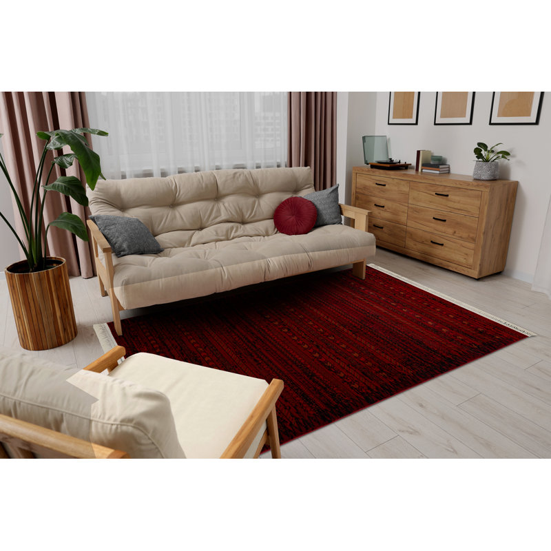 Luca 5820 – Lucaal rug with fringes in burgundy & black – Classic rug with stripe pattern, Rectangle 300 x 400 cm
