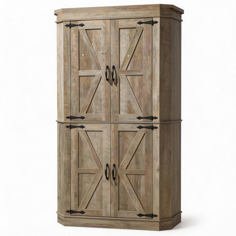 Armoire de bar de coin Farmhouse de 71 po de hauteur, garde-manger de coin robuste avec 4 portes et tablettes, garde-manger autoportant en forme de L avec support latéral pour salle à manger (gris)