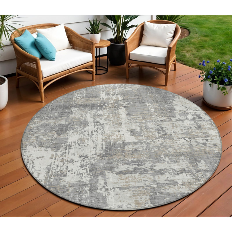 Tapis d'intérieur rond lavable abstrait 8 pi gris