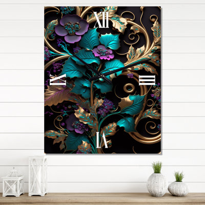 Abstract Ornate Flowers In Purple And Gold III - Floral Wall Clock