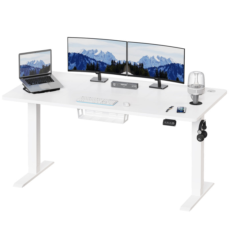 Electric T-Shape Height Adjustable Standing Desk, 160cm W x 70cm D, White