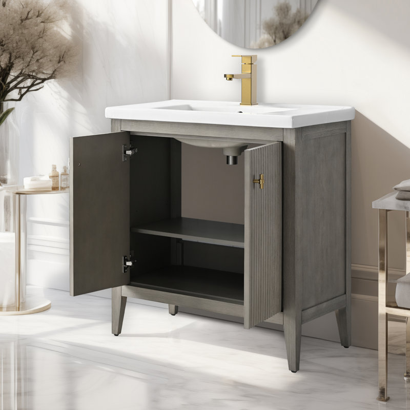 Meuble-lavabo simple pour la salle de bain avec plateau en céramique, Doré brossé, Gris flottant linéaire, 30"