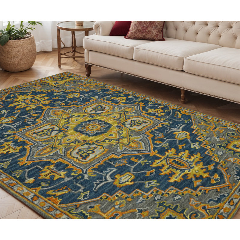 Tapis médaillon en laine touffeté à la main 5 pi x 8 pi bleu gris et orange