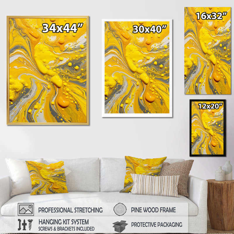 Jaune et gris, vibrations cosmiques I - art mural abstrait, Cadre flottant doré, H 40 po x l 30 po