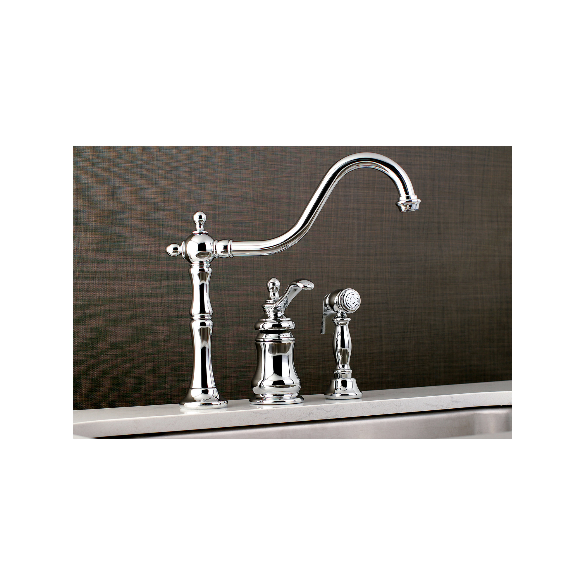 Kingston Brass Templeton Single-Handle 3-Hole Widespread Kitchen Faucet with Brass Sprayer, Polished Chrome