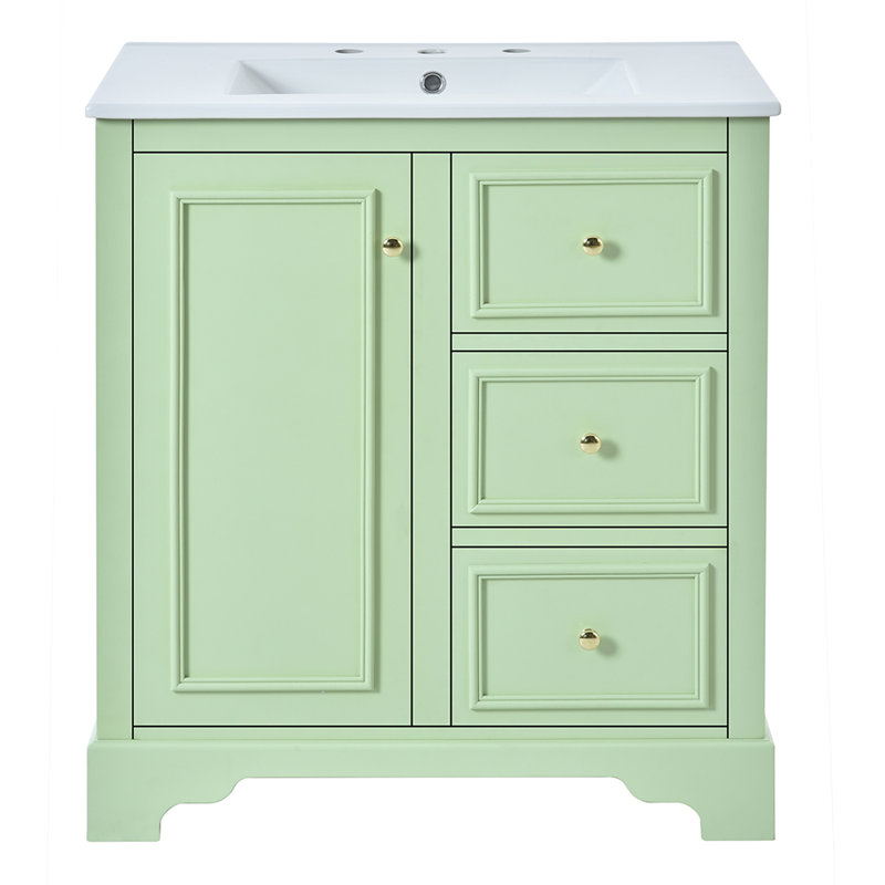 meuble-lavabo de salle de bain avec lavabo en céramique 3 tiroirs et tablettes réglables, Vert
