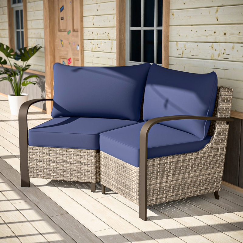 2-Piece Patio Wicker Sectional Seating Group Sofa, Metal Curved Armrest, Blue
