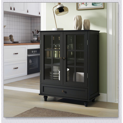 Minimalist Black Buffet Cabinet With Double Glass Doors And Drawer, Modern Wooden Storage For Living And Dining Areas