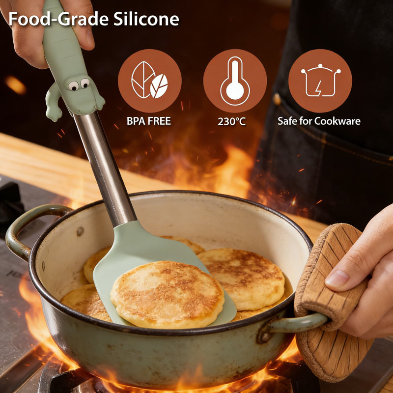 Ensemble d'ustensiles de cuisine autoportant en crocodile avec poignée en silicone résistante à la chaleur, outils de cuisson anti-rayures 3 pièces, y compris spatule, cuillère et pelle à pâtes