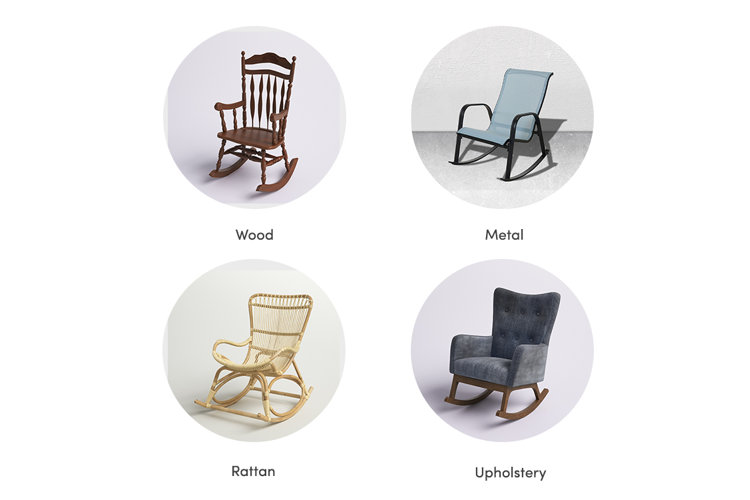 collage showing the four main materials of rocking chairs, including wood, metal, rattan, and upholstery