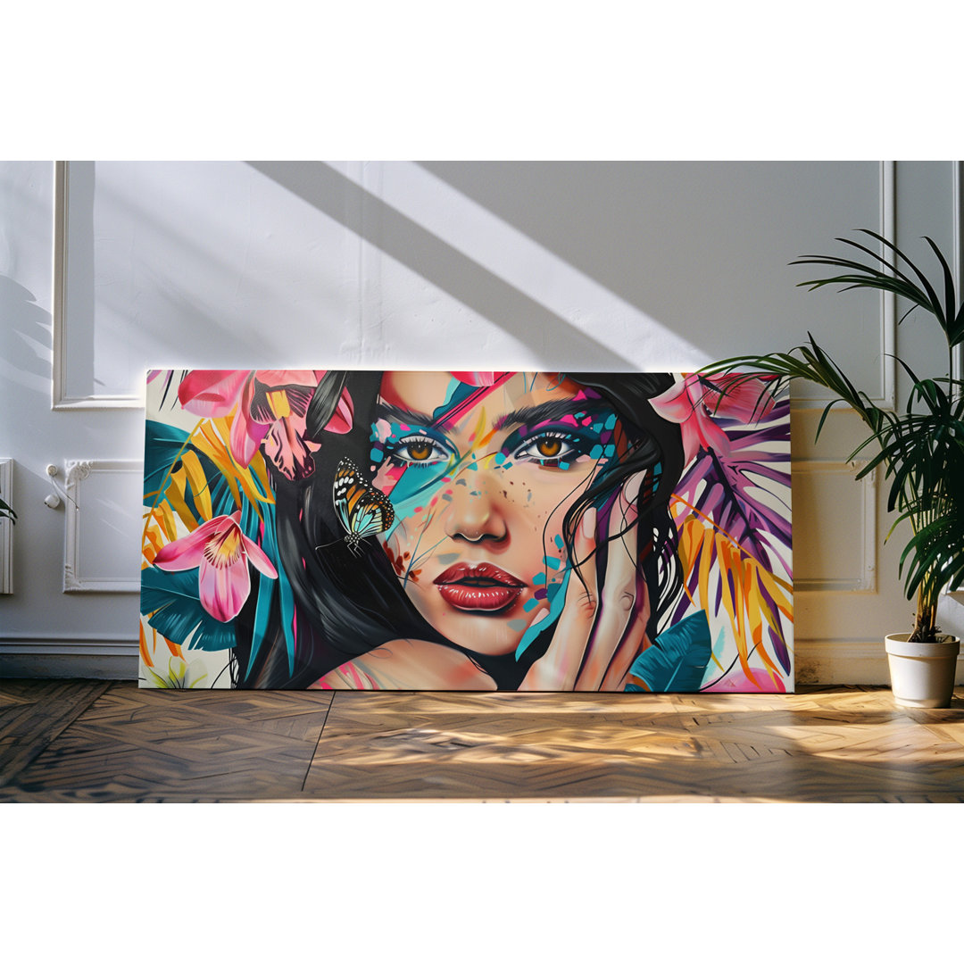 Wandbild 120x60cm Porträt einer jungen Frau Farbenfroh Exotisch Sommer Kunstvoll