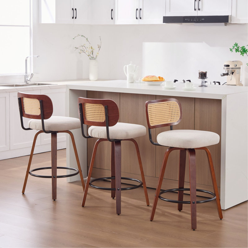  Counter Height Bar Stools - , Cane Rattan Back, Linen Upholstered Seat, Swivel Design For Kitchen Island/Bar/Counter, 3