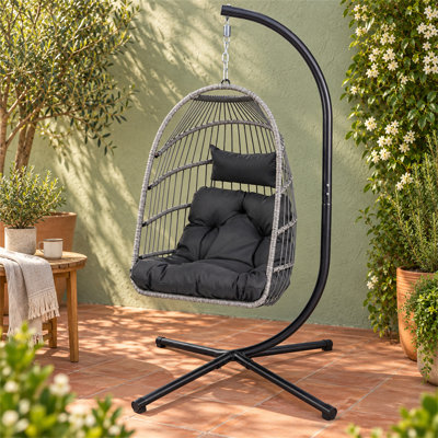 HDPE Wicker Hanging Egg Swing Chair with Stand, 350LBS Capacity Foldable Patio Hammock Chair with Cushion & Pillow for Indoor Outdoor