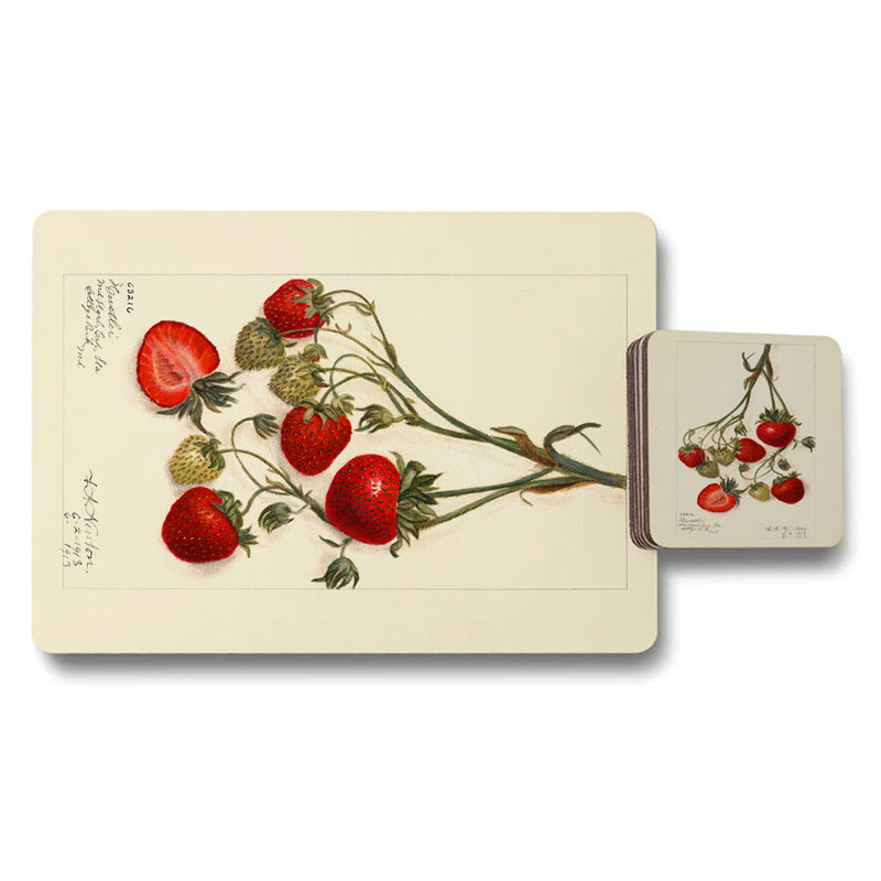 Artisan Strawberry Placemat Coaster Set Exclusive Wood Base