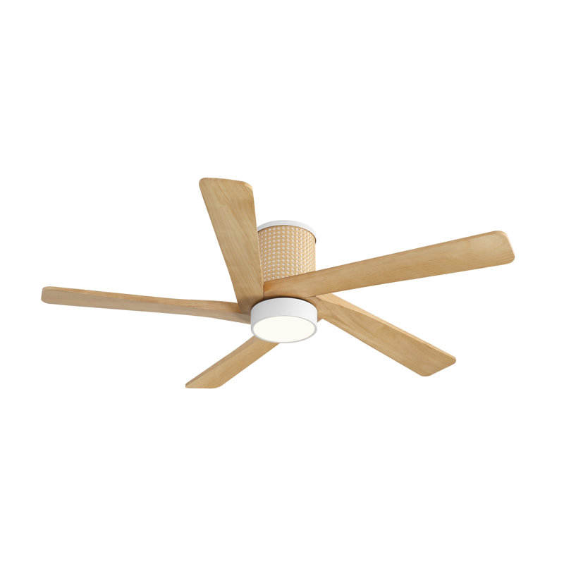 5 Solid Wood Blades Woven Rattan Cover Dc Motor Indoor Flush Mount Ceiling Fan Remote Integrated Led, 48" Wide