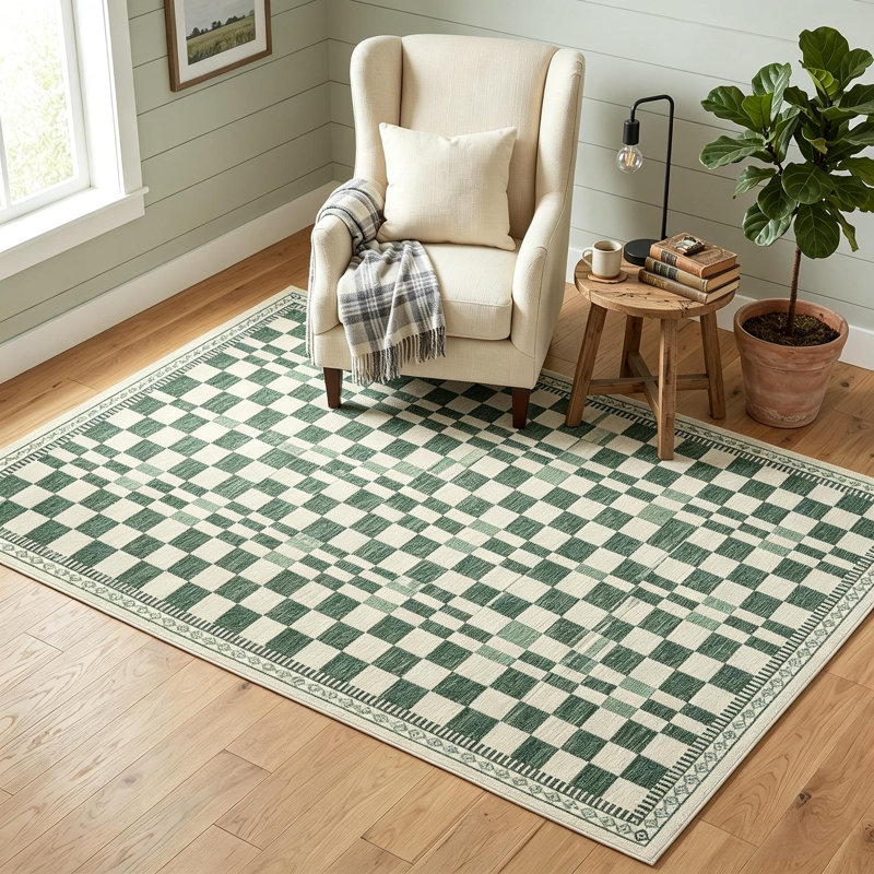 Tapis à carreaux lavables pour le salon et la salle à manger, Green, Rectangle 5' x 7'