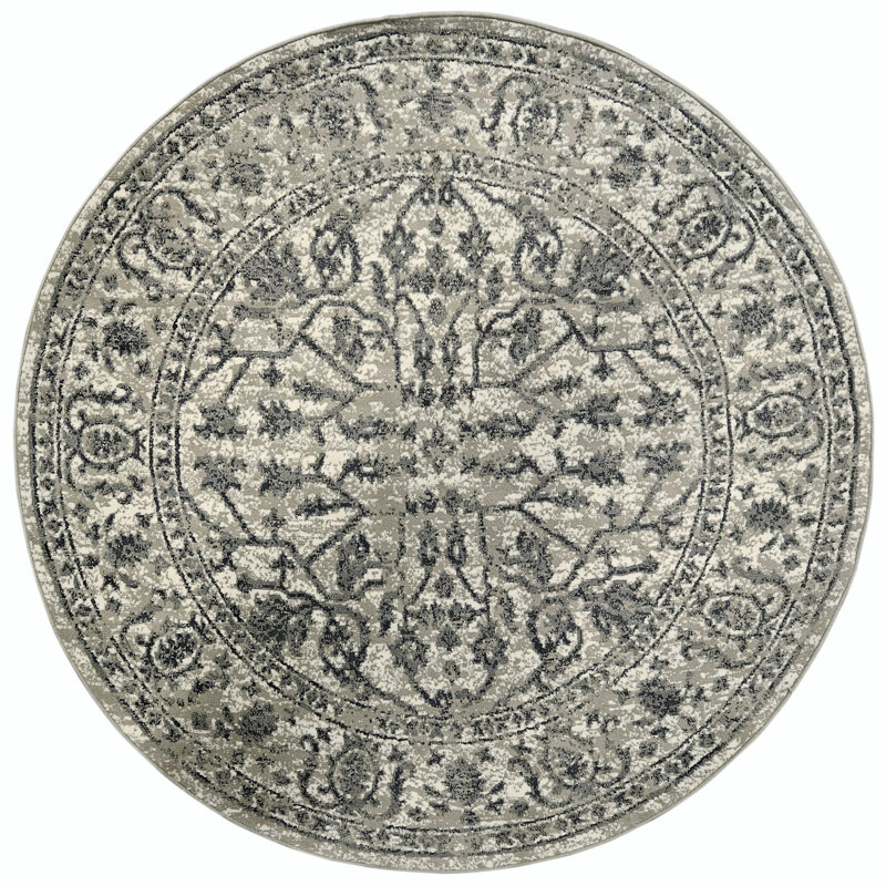 Calam Traditional Bordered Durable Performance Charcoal Gray Area Rug, Round 7'10"