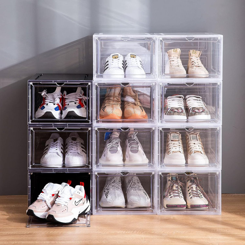 Boîte de rangement pour chaussures transparente et empilable avec porte avant rabattable transparente, conception en plastique robuste, assemblage facile, fermeture magnétique, s'adapte à la taille 14
