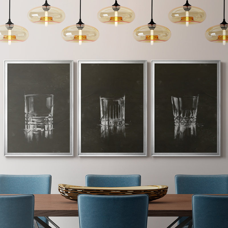 Crystal Barware V - Toile tendue avec châssis sur mesure - 3 pièces, H 39 po x l 81 po, Argent argent
