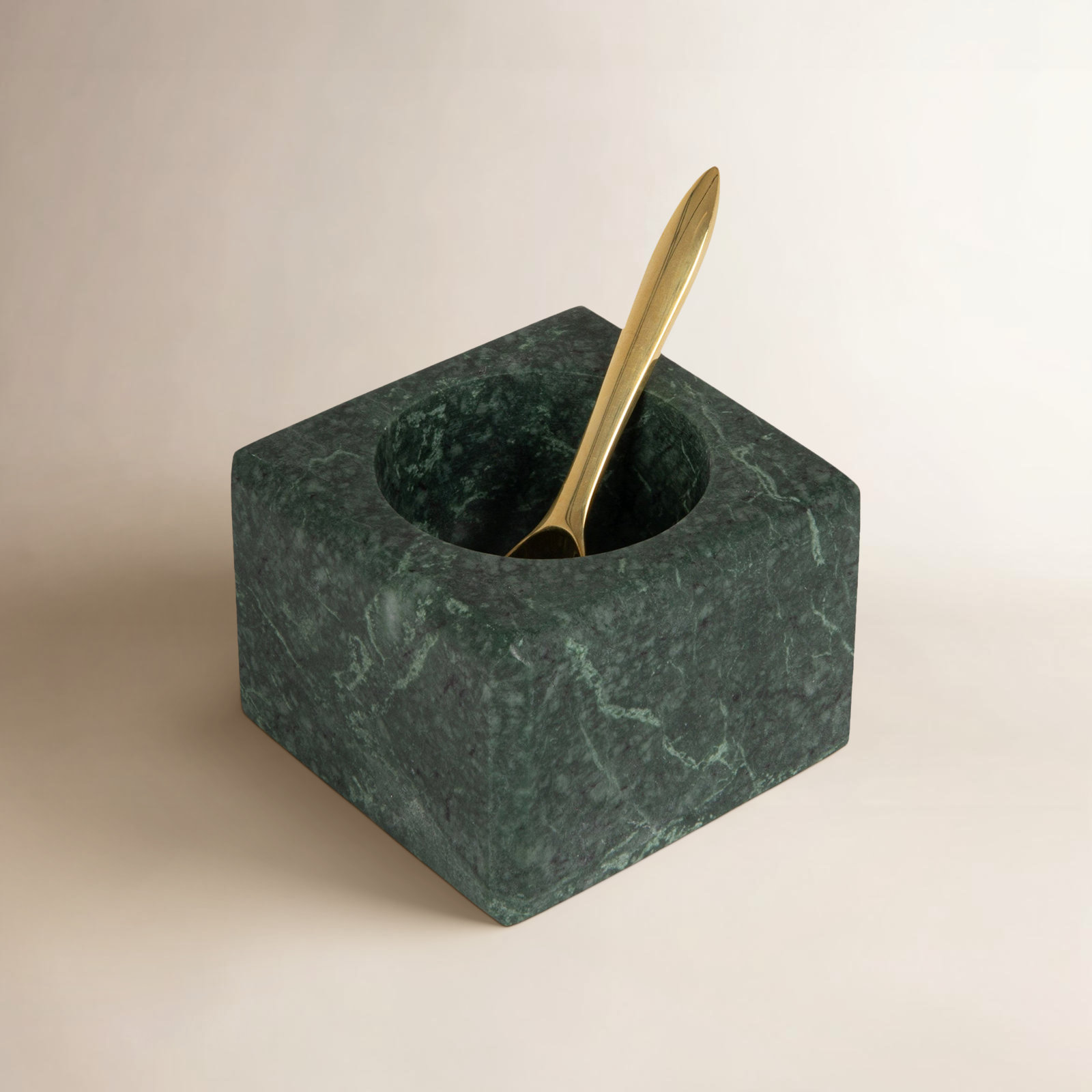 Fenster Square Marble Bowl with Brass Spoon, Green