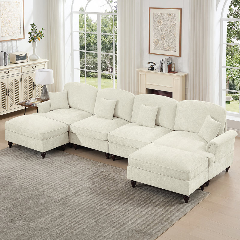 Canapé modulaire classique à 4 places modulaire en U avec accoudoirs évasés et volants amovibles, jupes plissées et pieds fuselés, canapé en nuage à assise profonde en chenille avec repose-pieds mobiles