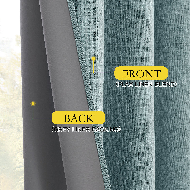 100% Blackout Linen Curtains for Bedroom, Burlap Linen Drapes with Thermal Insulated Grey Liner Grommet Noise Reducing Window Panels for Living room, 2 Panels