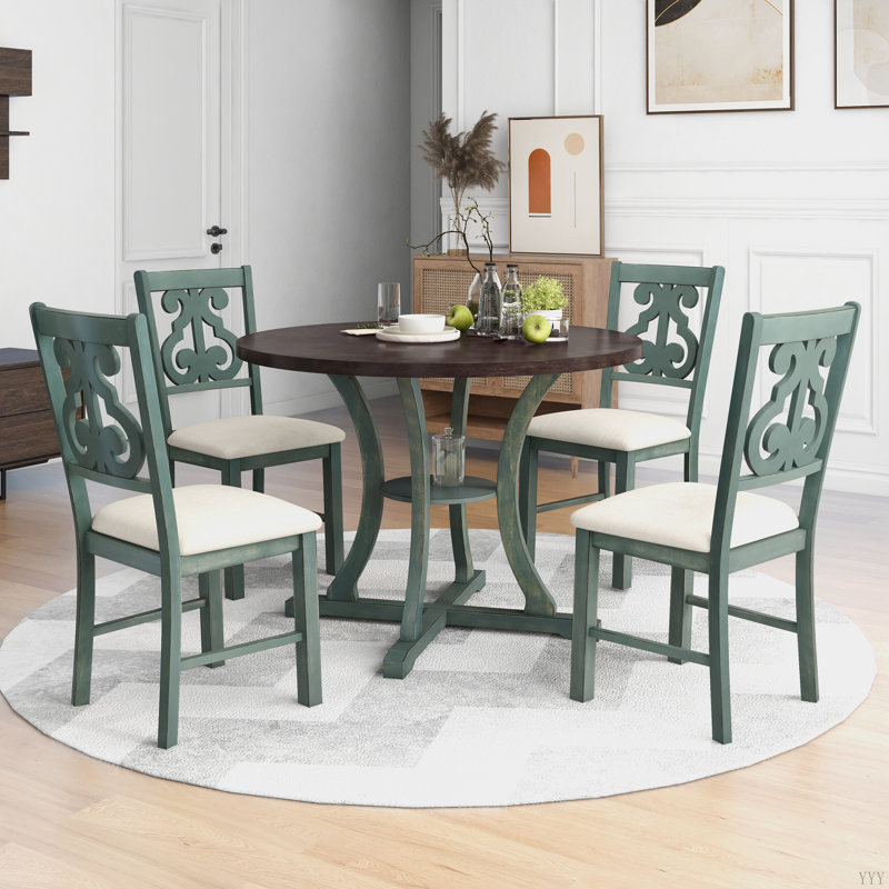 Table de salle à manger 5 pièces et 4 chaises en tissu avec pieds de table et tablette de rangement, Brun foncé / viridien