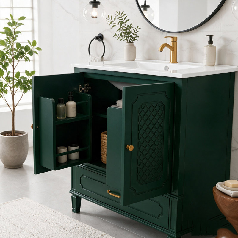 Meuble-lavabo de salle de bain avec lavabo style rétro, Vert ensemble de 2