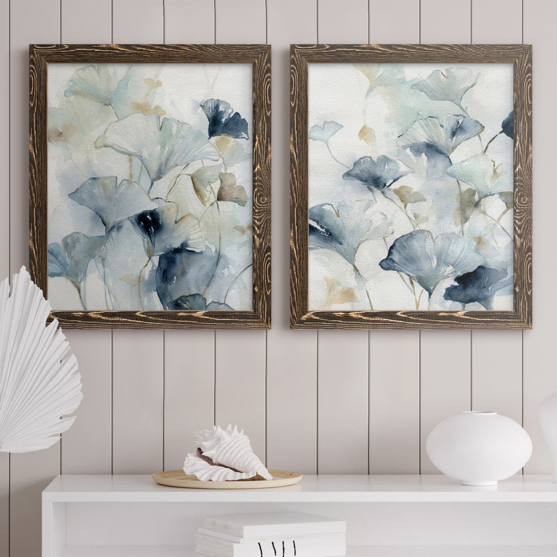 Indigo Ginkgo I - 2 Piece Single Picture Frame Painting Set on Canvas, 37.5" H x 27.5" W x 1" D, Walnut