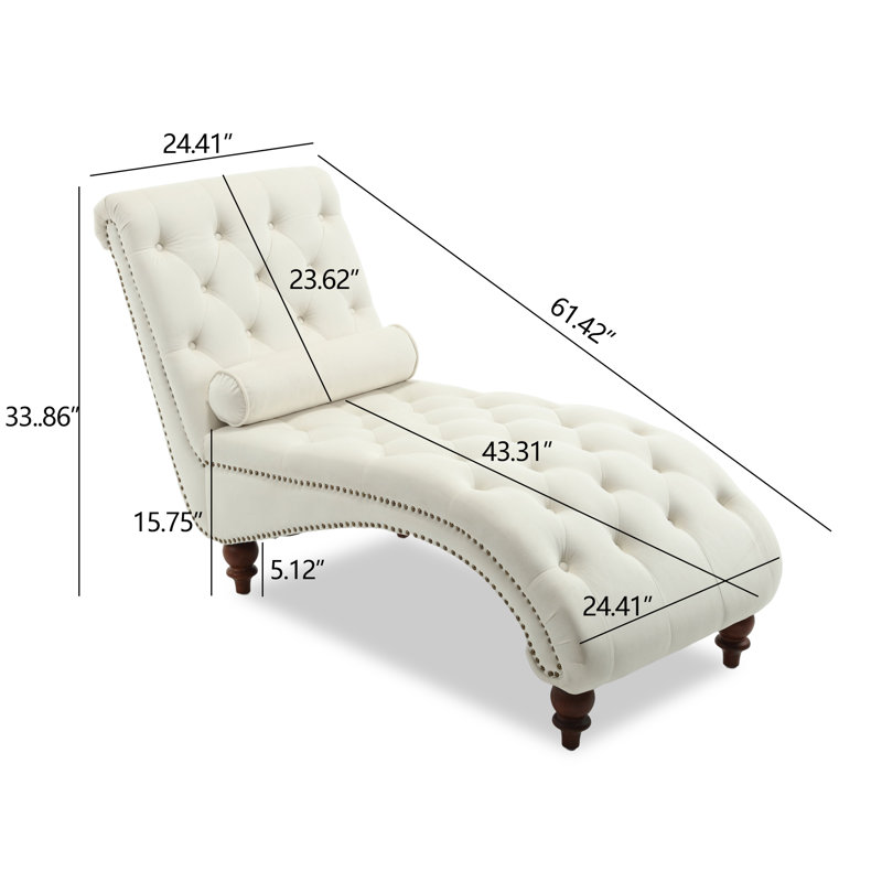 Méridienne Mid-Century moderne en velours avec garniture cloutée et pieds en bois massif, Beige