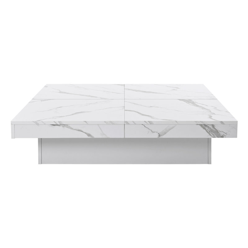 Table basse carrée en placage de marbre avec plateau coulissant et rangement blanc 39,4 po