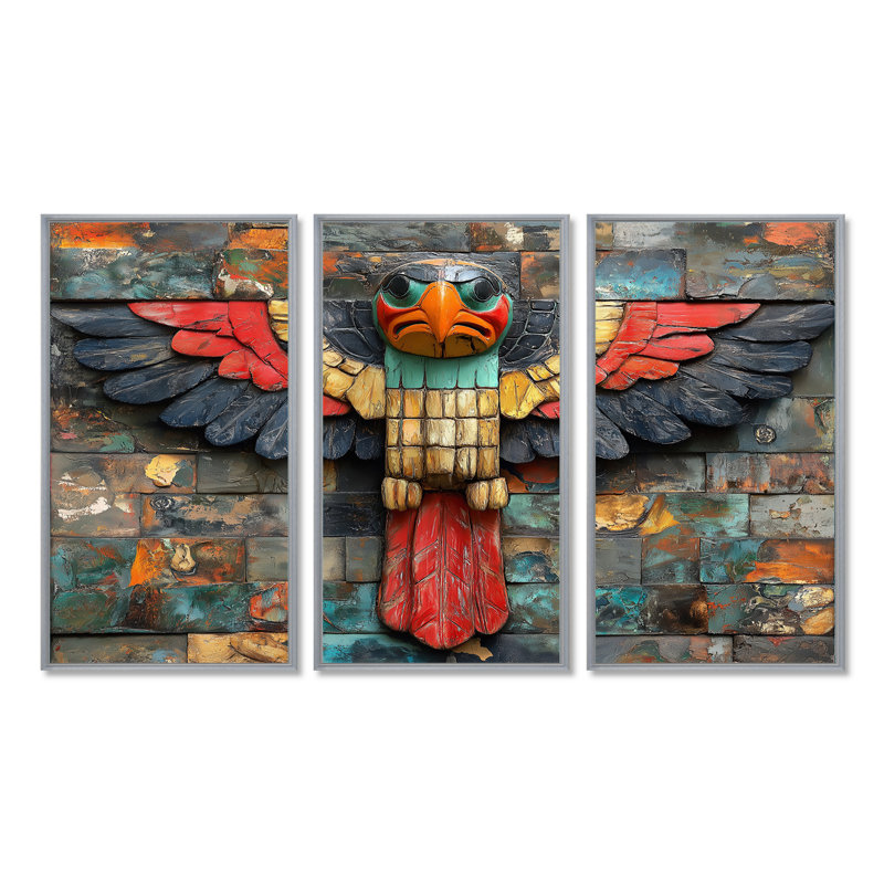 Red Thunderbird Native Totem IV - Art amérindien Totem, ensemble d'art mural, Toile argentée avec cadre flottant