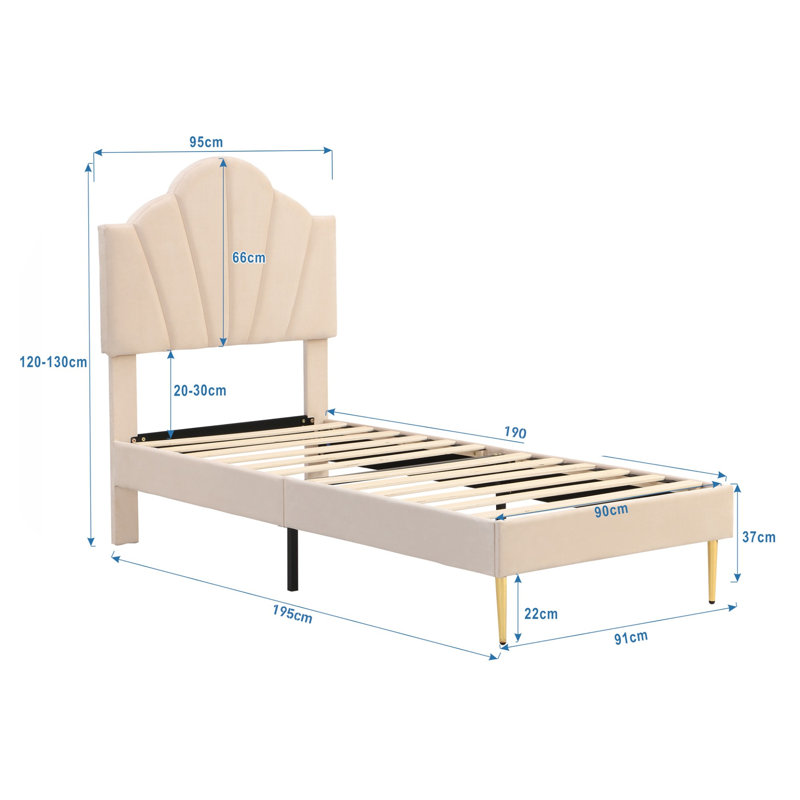 Aarna Velvet Upholstered Bed, Single (95 x 195 cm), Beige