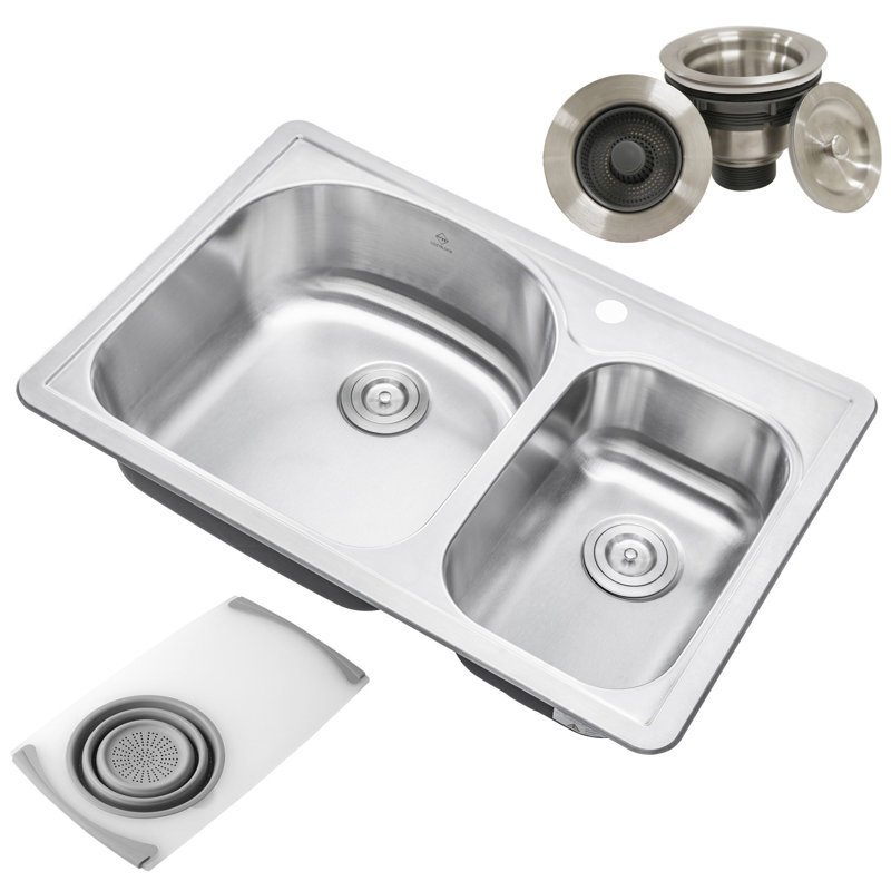 33'' L Double Bowl Stainless Steel Kitchen Sink, 1 Hole