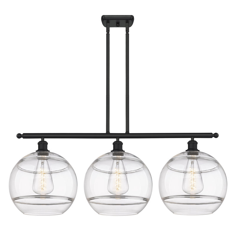 Luminaire suspendu pour îlot de cuisine à 3 lumières Chartoff, Transparent, Noir mat