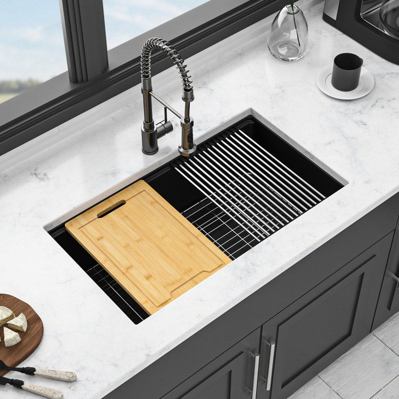 32X19" Granite Composite Quartz Undermount Kitchen Sink, Black Color, Rounded Corners For Simple Cleaning, Hard And Non - Porous, Comes With Cutting Board Drying Roll Up Rack Sink Workstation,